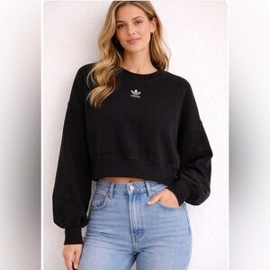 Adidas Originals Women’s Cropped Sweatshirt Black Trefoil Logo Crewneck Size L